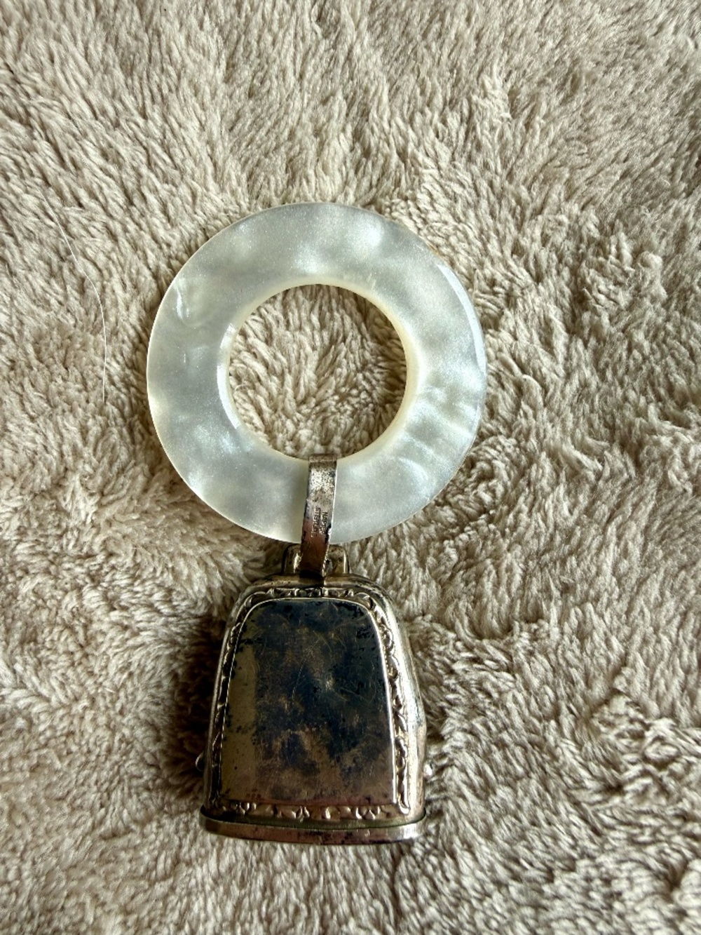 Vintage Sterling Silver Baby Rattle with Pearlized Celluloid Teething Ring
